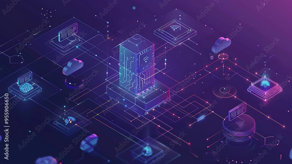 Poster abstract illustration of a network with interconnected devices, representing the interconnectedness 