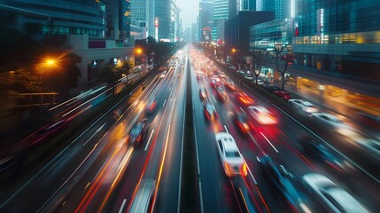 Obraz premium Busy Urban Street at Night with Blurred Motion of Traffic and Illuminated Skyscrapers in the Background