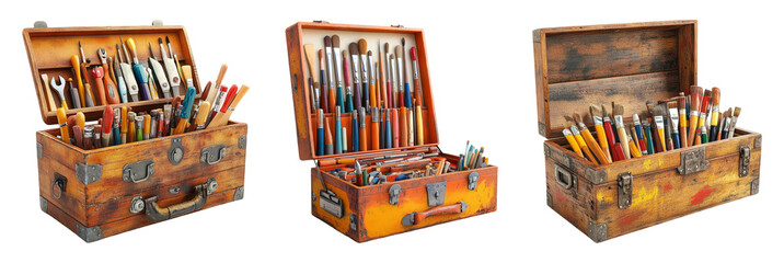 Wooden art supply boxes filled with various tools set isolated on transparent background
