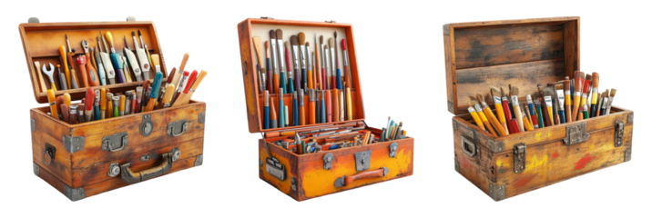 Wooden art supply boxes filled with various tools set isolated on transparent background
