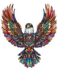 Fototapeta premium A colorful, intricately designed eagle with vibrant feathers and patterns.