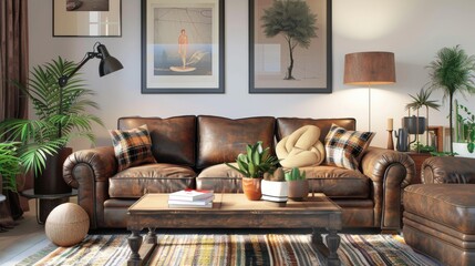 Contemporary Cozy Living Room with Brown Sofa and Wooden Accents