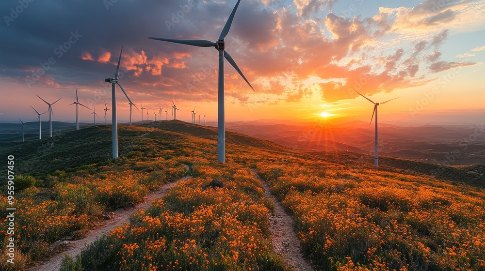 Canvas Prints Wind Turbines at Sunset