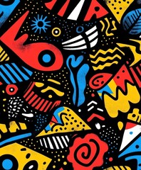 Obraz premium A vibrant abstract design featuring colorful shapes and patterns on a black background.