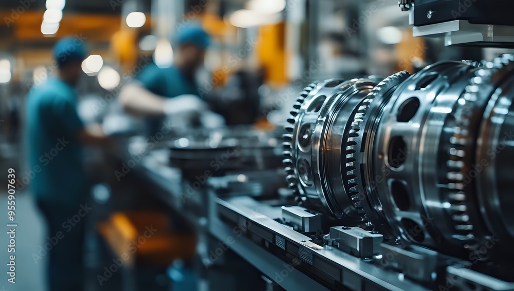 Poster precision engineering: close-up view of complex machine gears in industrial setting