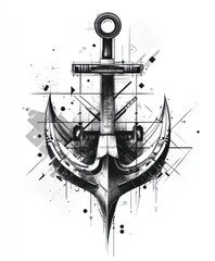 A stylized anchor design featuring geometric elements and sharp lines.