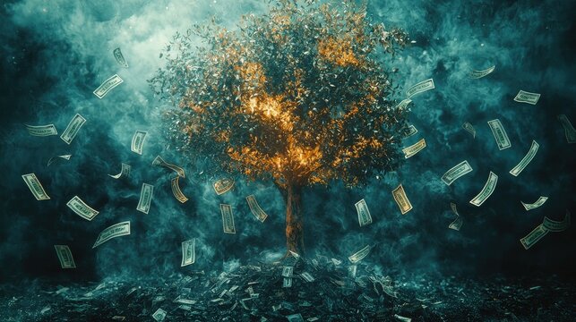 Concept of falling interest rates with a wilting money tree and descending dollar signs