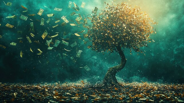 Concept of falling interest rates with a wilting money tree and descending dollar signs