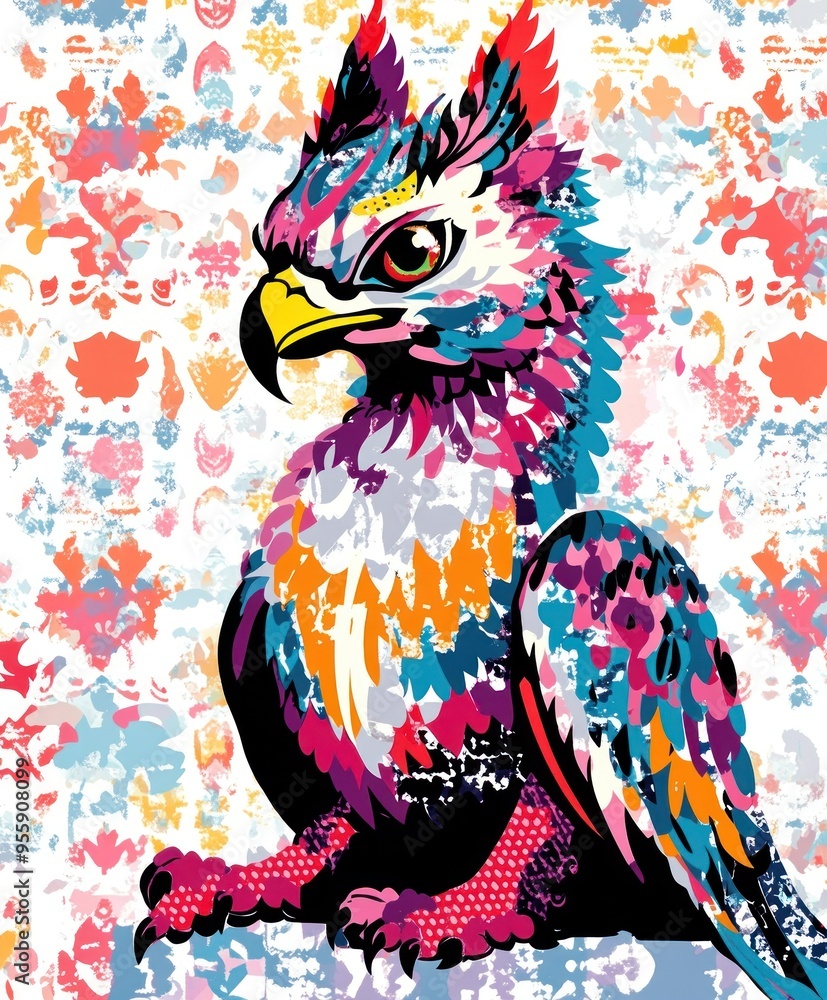 Canvas Prints A vibrant, stylized illustration of a griffin with colorful feathers and a bold design.