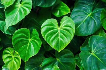 Green leaves of a philodendron plant. Nature leaves, green tropical forest, backgound concept , ai