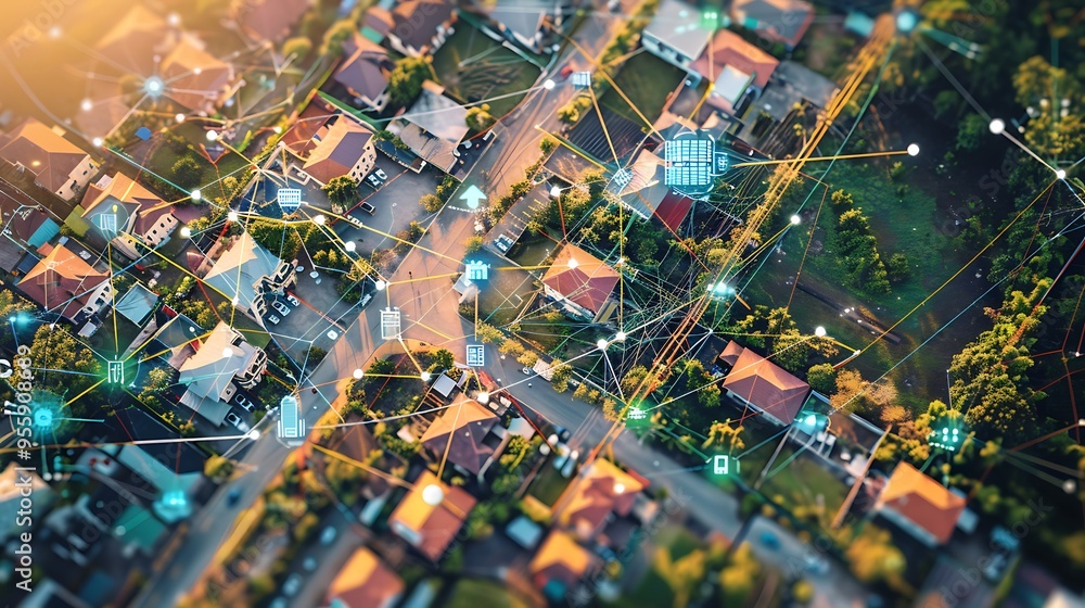 Poster aerial view of residential environment with digital smart home network overlay for modern internet c