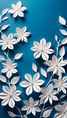 A beautiful arrangement of white paper flowers on a turquoise or blue background. The flowers vary in size and shape, creating an artistic and vibrant display. Origami art craft wedding design decor.