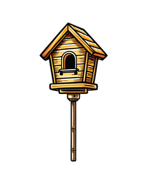recommend clip art: A vector illustration of a wooden birdhouse with a perch, ready to be edited.