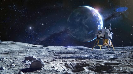 A lunar lander sits on the surface of the moon with a planet rising in the distance, as stars sparkle in the night sky.