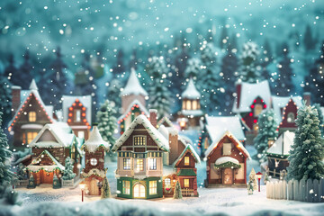Fototapeta premium A small town with houses and trees covered in snow,