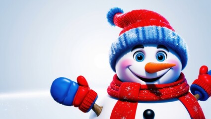 Snowman in the snow with a red ribbon and scarf, surrounded by Christmas decorations and winter holiday elements