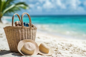 Summer Vacation - Accessories In Bag In Tropical Beach With Defocused Ocean, ai