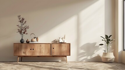 Minimalist Modern Wooden Sideboard with Decorative Accents in a Serene Room Setting