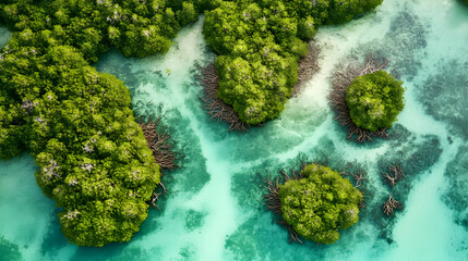 The drone flies over a mangrove forest, capturing the intricate network of roots and small islands in a shallow, turquoise lagoon