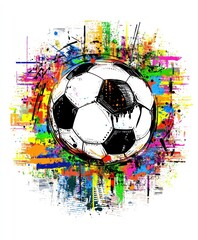 A colorful artistic representation of a soccer ball surrounded by vibrant splashes of paint.