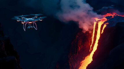 The drone hovers above an active volcano at night, capturing the glowing red rivers of lava flowing down its sides