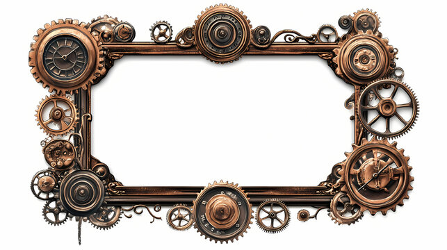 Rectangular frame in steampunk style with a white background. ornate frame, with steampunk aesthetics. gears, clockwork elements, rivets, dials, fantasy, generated in ai. Steampunk. Illustration
