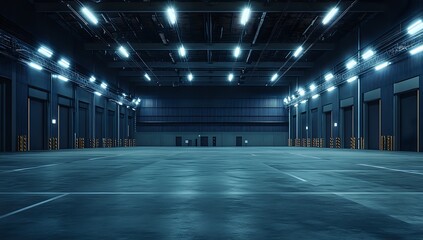 Fototapeta premium Empty Warehouse with Bright Fluorescent Lights and Garage Doors