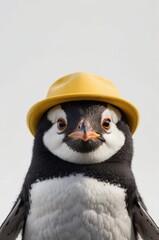 Fototapeta premium A penguin wearing a yellow hat, looking directly at the camera.