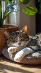 Adorable tabby cat sleeping peacefully on a cozy cat pillow surrounded by indoor plants, bathed in warm sunlight, pets, relaxation, home decor.