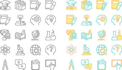 Education icon, online, class, learning, university, brain, science, chemistry, academy, course, degree, idea and more editable stroke set line design vector illustration isolated on white background