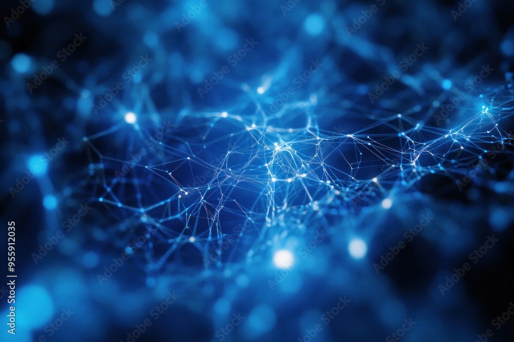 Poster abstract blue network with glowing nodes and lines