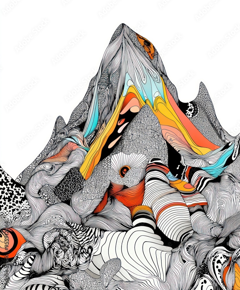 Poster Abstract mountain landscape with colorful patterns and intricate designs.