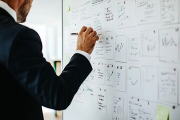 A professional consulting with clients about managing their brand reputation. Whiteboard with strategic notes