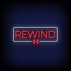 rewind neon sign vector with brick wall background 