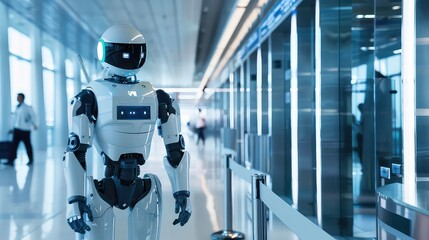 Futuristic white humanoid robot standing in a modern office lobby with glass walls and a metallic railing.