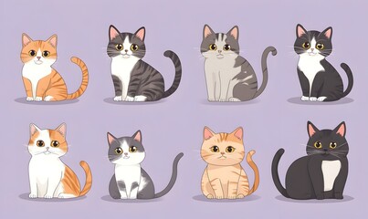 Vibrant Cartoon Cats Collection on Soft Lavender Background