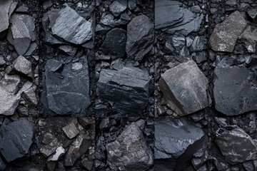 Processed collage of industrial pea coal surface texture. Background for banner, backdrop or texture for 3D mapping with generative ai