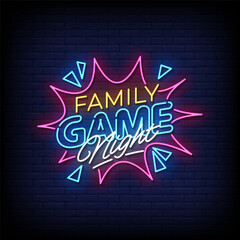 family game night neon sign vector with brick wall background 