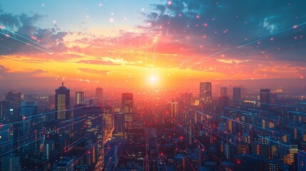 Obraz premium Futuristic Smart City Connected by a Digital Network of Lines and Nodes, Representing Global Internet Connectivity, Data Exchange, and Advanced Communication Technologies.