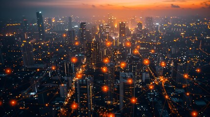Futuristic Smart City Connected by a Digital Network of Lines and Nodes, Representing Global Internet Connectivity, Data Exchange, and Advanced Communication Technologies.