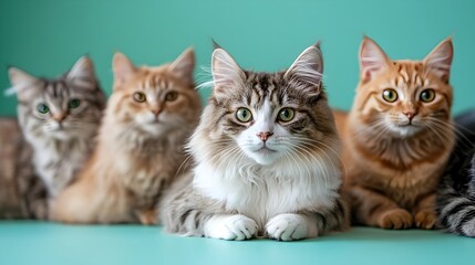 Diverse Collection of Domestic Feline Breeds Resting on Serene Mint Green Background