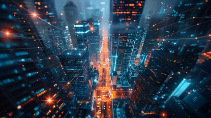 Obraz premium Futuristic Smart City Connected by a Digital Network of Lines and Nodes, Representing Global Internet Connectivity, Data Exchange, and Advanced Communication Technologies.