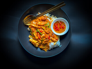 Stir-fried seafood with yellow curry powder with rice