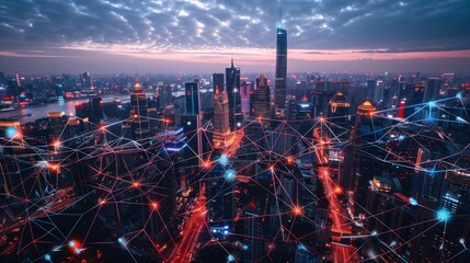Futuristic Smart City Connected by a Digital Network of Lines and Nodes, Representing Global Internet Connectivity, Data Exchange, and Advanced Communication Technologies.