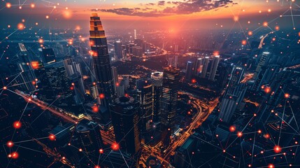 Futuristic Smart City Connected by a Digital Network of Lines and Nodes, Representing Global Internet Connectivity, Data Exchange, and Advanced Communication Technologies.