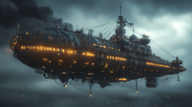 A huge steampunk airship with lights on against the backdrop of an evening stormy sky. beautiful fantasy 3d illustration. beautiful fantastic wallpaper. Steampunk. Illustration