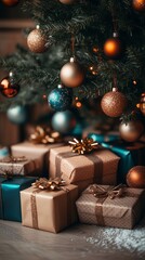 Group of Christmas presents under a decorated Christmas tree with ornaments and lights, luminous bokeh, Christmas and Christmas Eve in a cozy home, festive decor.