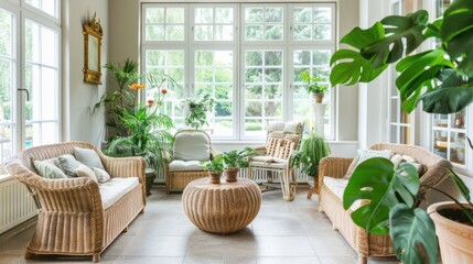 Serene Oasis. Bright and airy sunroom with large windows, comfortable wicker furniture, and plenty of...