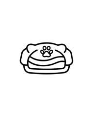 Editable stroke vector of a cozy pet bed with a paw print on top.