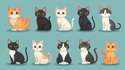 Fototapeta premium Diverse Cartoon Cats in Peaceful Blue Scene